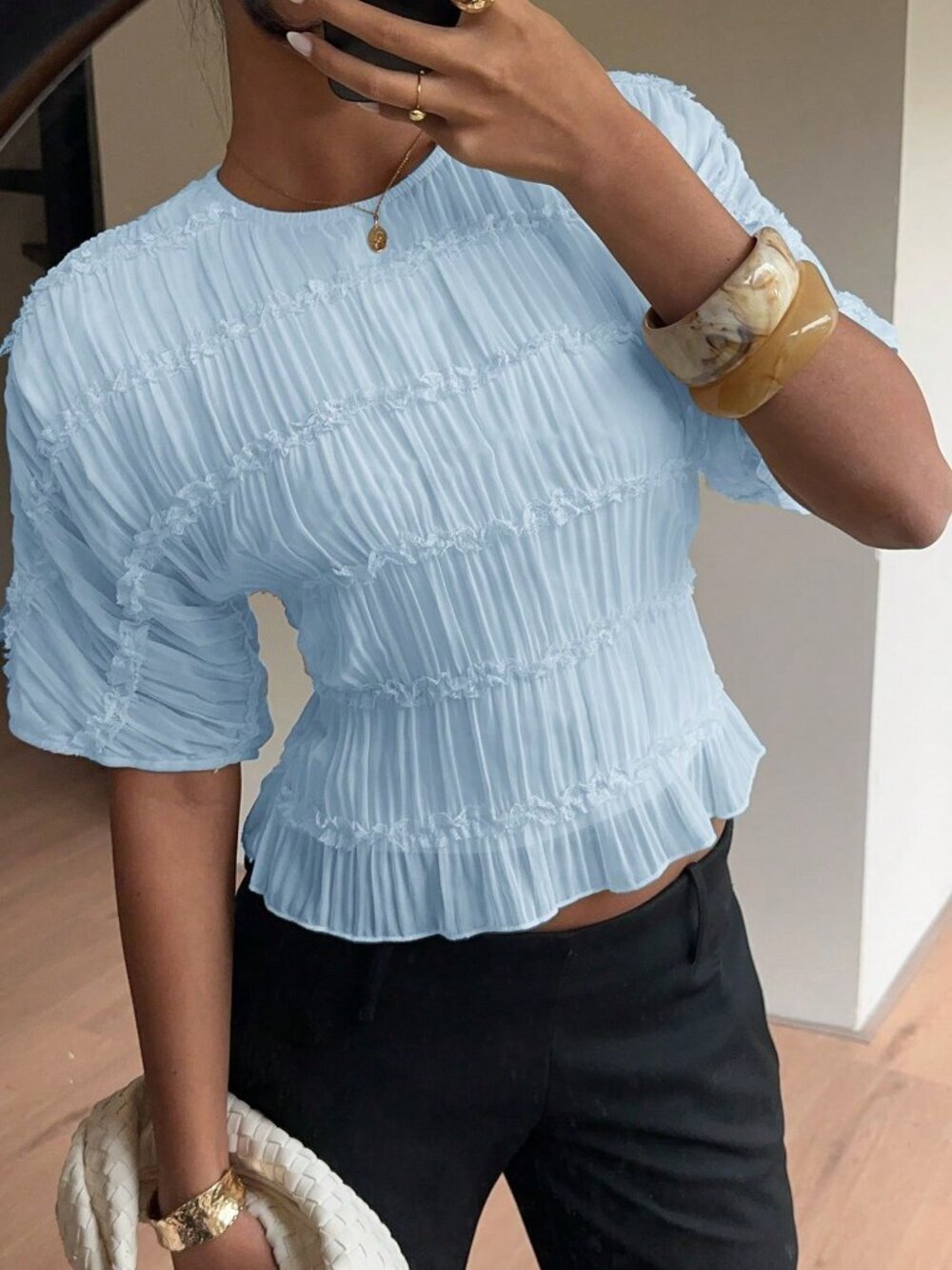 Baby Blue Casual Women's Elegant Baby Multi-Layer Lace Ruffle Crew Neck Blouse